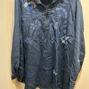 Johnny Was Blue Embroidered Denim Shirt